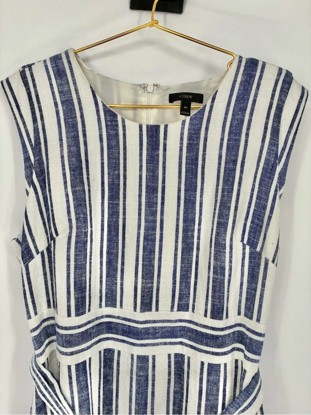 J.Crew Women’s Blue/White Striped Linen Blend Sleeveless Belted Dress - 16Tall